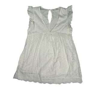 American Threads White Eyelet Mini dress M Cotton VNeck Keyhole Babydoll Boho